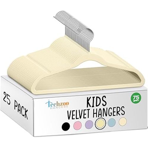 25 Premium Kids Velvet Hangers - 14" Non-Slip Clothes Hangers for Kids & Preteens - Ultra Slim, Space-Saving, Strong & Durable Hangers with 360° Swivel Hook - Beige