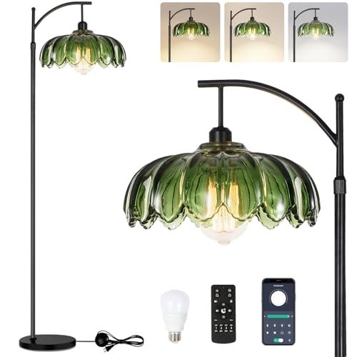 Gold Floor Lamp for Living Room,Bedroom,Standing Lamp with Remote Dimmable Brass Tall Lamp Vintage Retro Mid Century Modern Floor Lamps Arc Green Glass Flower Lamp Floor Light Boho Bohemian