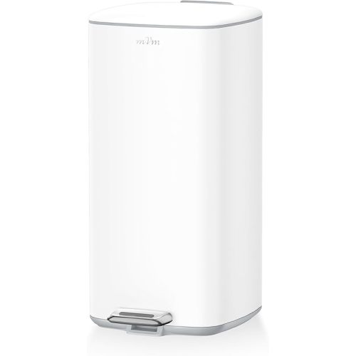 mVm Kitchen Trash Can, 8 Gal White Step Trash Can with Lid, Smooth Square Garbage Bin for Home Office (White)
