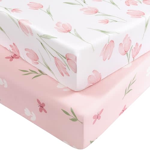 Baby Crib Sheets Girl, Fitted Crib Sheets 52" x 28", Soft Breathable Microfiber Sheets for Standard Crib and Toddler Mattress, 2-Pack Pink Tulips