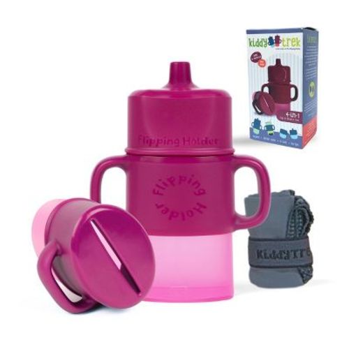 Flipping Holder’s KiddyTrek Sip & Snack Set - food pouch holder + juice box holder + snack cup + sippy cup – all in one 6-piece set Raspberry