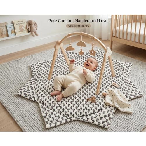 Handmade Star Baby Play Mat, Boho Paisley Infant Tummy Time Mat, Padded Cotton Nursery Rug, Neutral Baby Shower Gift