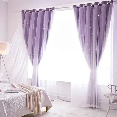 Purple Star Curtains for Girls Bedroom Double Layer Star Cut Out Curtain for Living Room 2 Panels Set 63 Inch Hollow Out Blackout Curtains for Nursery (Purple, 2 Panels W52 X L63 Inches)