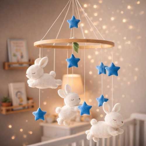 Rabbit Baby Mobile, Blue Star Crib, Neutral Nursery Decor, Handmade Baby Shower Gift