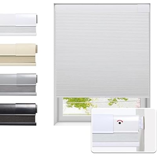 Tonature No Drill Cellular Shades for Indoor Windows, Thermal Insulating & Noise Reducing Honeycomb Blinds, Free Stop Cordless Blackout Shades, White, 34 1/2" W x 64" H