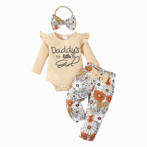 HCNTES Baby Girl Fall Winter Clothes Cute Outfit Long Sleeve Ruffle Knit Romper Bodysuit Set(0-3 Months,S99-Khaki)
