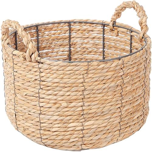 Round Wicker Storage Basket, Woven Large Water Hyacinth Bin with Handles, 12''x 7''