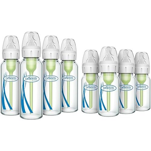 Dr. Brown's Anti-Colic Options + Narrow Glass Baby Bottle with Level 1 Slow Flow Nipple, BPA-Free, 0m+, 4 oz/120mL, 4-Pack + 8oz/250mL, 4-Pack