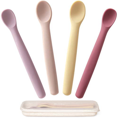 Moonkie Silicone Baby Spoons with Case, 2 Sizes, Soft Tip, 4ct