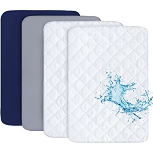 Pack and Play Sheets and Waterproof Pack n Play Mattress Protector Pad Cover 4 Pack Set, Ultra Soft Pack n Play Mattresses Sheets Compatible with Graco Pack n Play, Grey&Navy