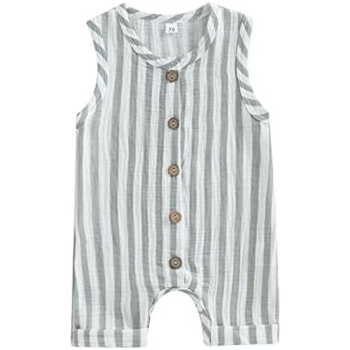 Infant Baby Boys Girls Cotton Linen Jumpsuits Sleeveless Button Down Striped Short Overalls Romper Summer Fall Outfits