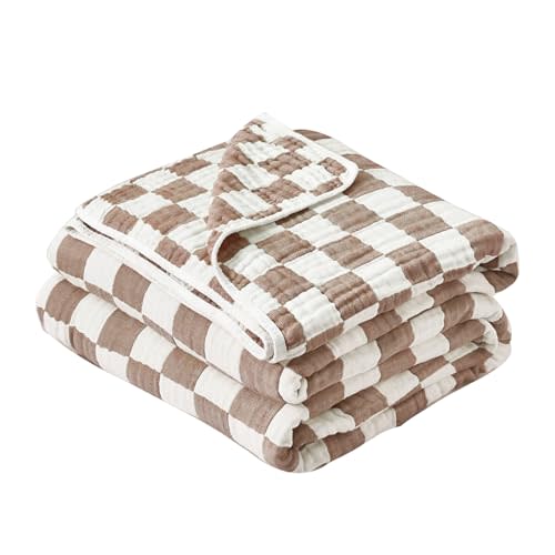 Ultra Soft Cozy 6-Layer Muslin Cotton Baby Blanket 41" x41” Breathable Lightweight Checkered Swaddle Blankets for Toddlers Baby Birthday Gifts All Seasons Both Sides Coffee