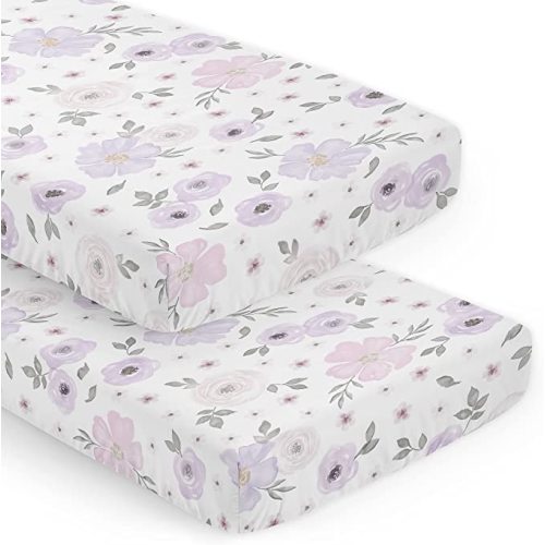 Sweet Jojo Designs 2-Piece Baby Crib Sheets Set (Purple/Grey Boho Floral) for Girls, Infant Nursery, Toddler Room - Standard Size (Lavender, Bohemian Flower, Rose, Farmhouse, Garden, Shabby Chic Pink)