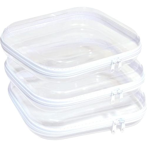 3PCS Clear Hard Plastic Zipper Case, Double Zippers Hard Pouch, Portable Travel Organizer Bin Clear Makeup Bag for Toy Storage, Snack Bag, Cosmetics, Diaper Bag, Toiletry Bag (3PCS-M)