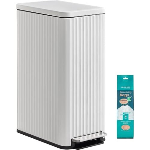 SONGMICS Trash Can, 13 Gallon (50 L) Slim Garbage Can for Kitchen, with Soft-Close Lid, Pedal, Removable Inner Bucket, Stainless Steel, 15 Trash Bags, Space-Saving, Cloud White ULTB350WZ01