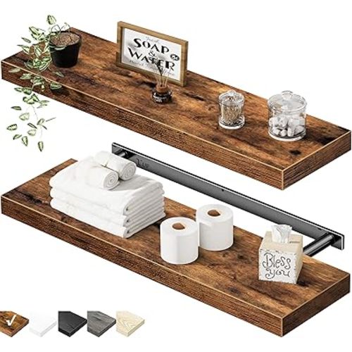 QEEIG Floating Shelves for Wall 23.6" Long - Wall Mounted Shelf Bathroom Kitchen Living Room Bedroom Farmhouse Home Decor Display Bookshelf Large 23.6 x 9.3 inch Set of 2, Rustic Brown (008-60BN)