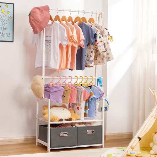 VigorPro Bamboo Clothing Rack with Adjustable Hanging Rods & 2 Storage Baskets for Kids' Bedroom