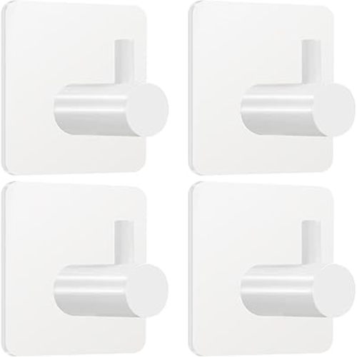 White Adhesive Towel Hooks: 15LB Heavy Duty Wall Hooks Stick on Shower Hooks for Bathroom Kitchen Door-4Packs