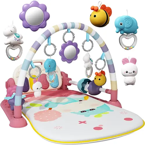 Baby Gym With Kick and Play Piano - Activity Mat for Tummy Time With 5 Infant Learning Sensory, Music and Lights for Newborn Boy or Girl (Pink)