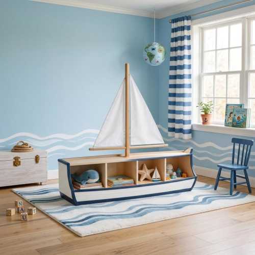 Wooden Sailboat Bookshelf – Kids Nautical Toy Storage Rack - Shoe Rack