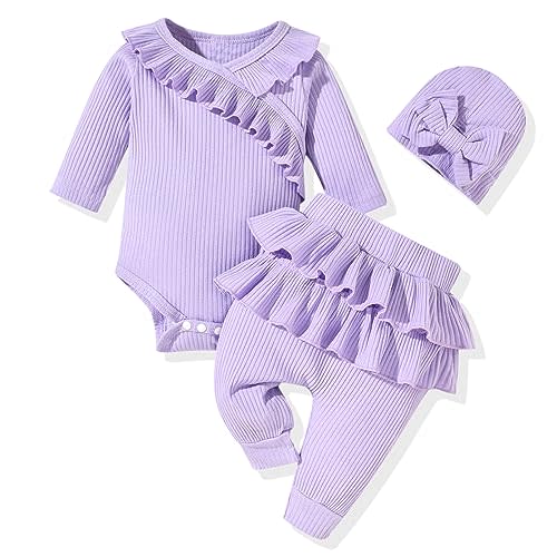 fioukiay Preemie Newborn Baby Girl Clothes Infant Girl Solid Ribbed Outfits Ruffle Romper and Pants 3PC Clothing Sets