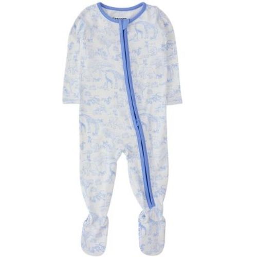 RuffleButts Gender Inclusive Modal Blend Baby One Piece Footie Pajamas - Periwinkle Blue Safari Toile, 6-12m