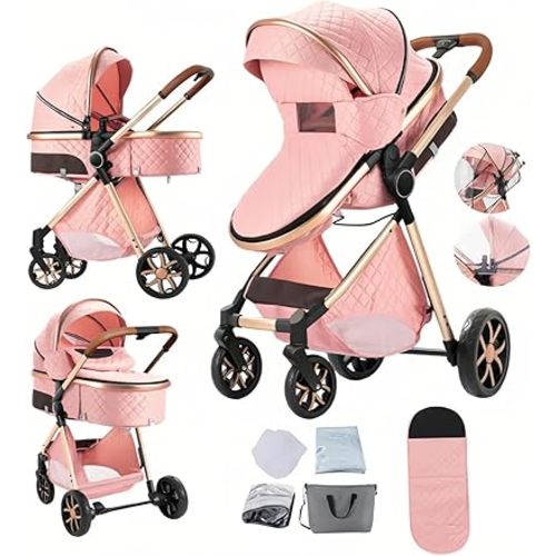 2 in 1 Baby Stroller with Bassinet Mode, Reversible Infant Pram, One-Click Folding, Newborn Travel Stroller, Convertible Toddler Standard Pram Carriage (X2US-Pink)