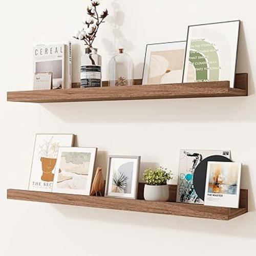 Heimlove Picture Ledge Shelf,24 inch Long Floating Shelves for Wall Set of 2,Picture Shelf with Lip for Wall Decor,Living Room,Bedroom,Bookshelf,Nursery,Perfume,Walnut Color