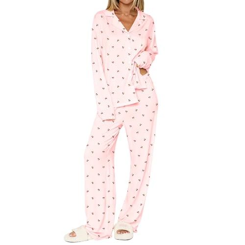 Dressmine Ladies Long Sleeve Cute Pajama Sets 2 Piece Fall Outfits Button Up Pjs Set Loungewear