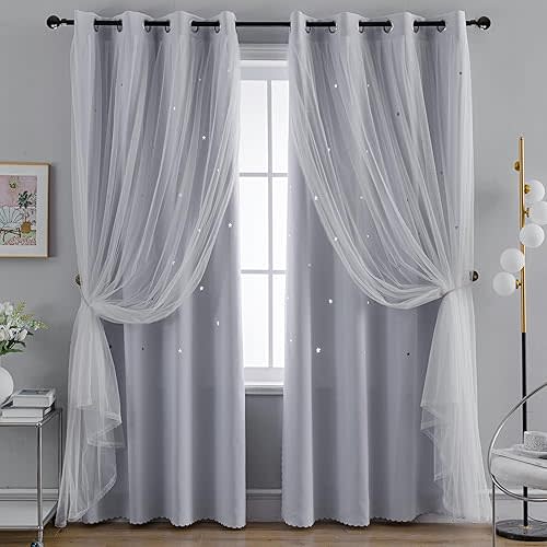 Anytime Romantic Kids Curtain,Hollow-Out Stars Window Curtain Double Layer Blackout Curtains for Girls Bedroom Kids Room 2Panel,(W52 x L95,Greyish White)