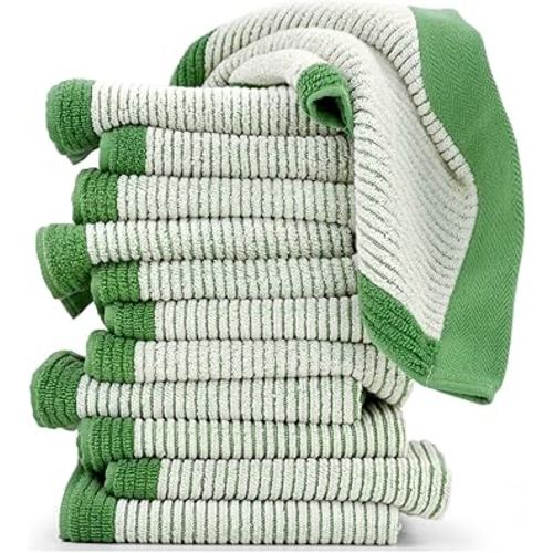 Cleanbear Wash Cloths for Showering, 12 Washcloths with Stylish Jacquard Weaved Design, Green Cotton Washcloth Set, 13 x 13 Inches