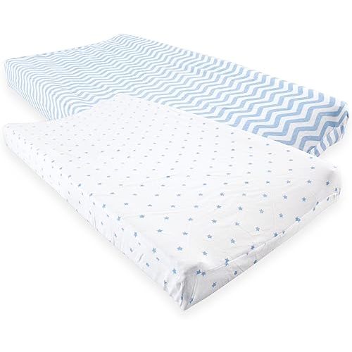 Luvable Friends Unisex Baby Fitted Changing Pad Cover, Blue Chevron Stars, One Size