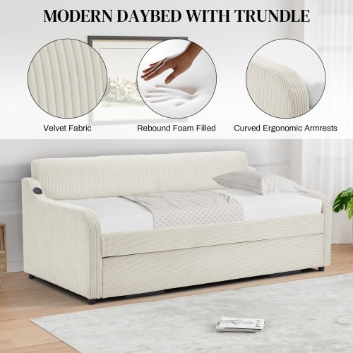 Ouyessir Upholstered Fabric Pop-up Trundle Convertible Daybed Twin to King with USB-port
