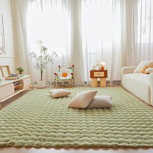 Light Green Rabbit Plush Area Rug for Bedroom Living Room Sofa,8'X10' Faux Fur Fluffy Shaggy Rectangular Square Rug for Kids Teen Girls Room,Furry Carpet Rug for Nursery Baby Room Decor for Teenage
