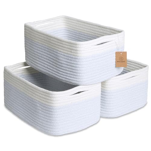 NaturalCozy 13.5”x8.5”x5.5” Rectangle Storage Baskets for Shelves 3 Pack | Cotton Rope Woven Small Baskets for Organizing | Small Storage Bins for Nursery, Bathroom, Closet, Shelf, Decorative