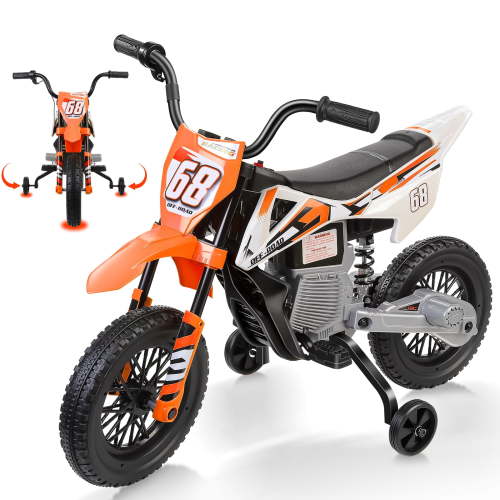 VIBESPARK 12V Electric Dirt Bike with Twist Grip Throttle, Kids Ride on Motorcycle with 2 Training Wheels, Suitable for Boys & Girls Ages 3-8, Bluetooth, MP3, Dual Motors, Spring Suspension