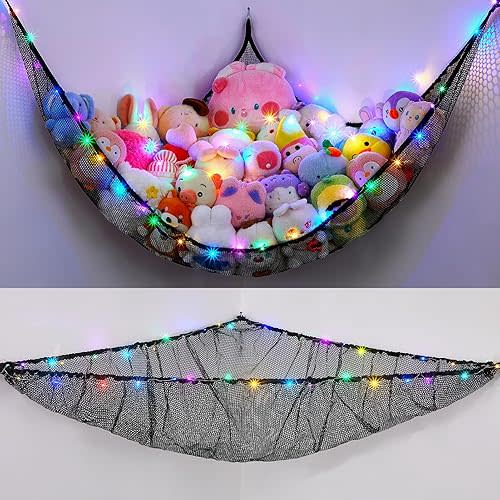 Stuffed Animals Net or Hammock Kids Toy Storage Organizer with LED Light Unicorn Castle Hanging Corner Stuffed Animals Holder Kids Girls Room Decor (Pack of 1)