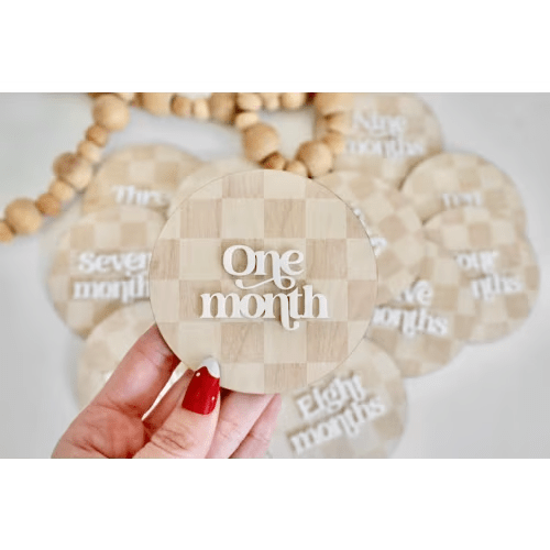 Checkered Baby Milestone Markers: Birch Wood Photo Props