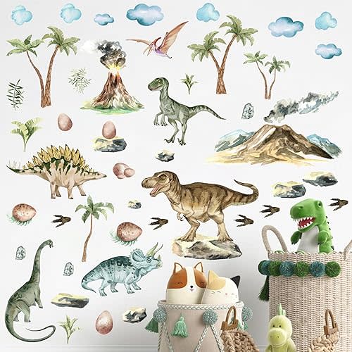 Large Watercolor Dinosaur Wall Decals Creative Animal Dino Wall Decals Peel and Stick Mountain Forest Big Dinosaur Wall Stickers for Boys Room Kids Bedroom Toddler Classroom Nursery Decor