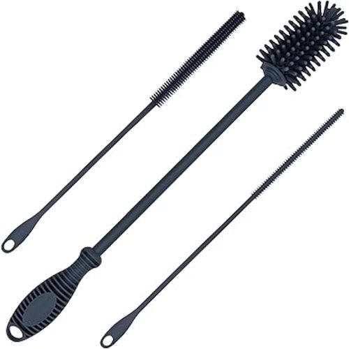 Kitchiny Silicone Bottle Brush with 2 Straw Cleaners - 12.5” Water Bottle Cleaner Brush for Yeti, Hydro Flask, Owala, Stanley, Baby Bottles, Glassware, Vases & Narrow Neck Containers - Grey