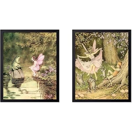 Poster Master 2-Piece Vintage Fairytale Poster - Fairy Dancing In The Forest With Rabbits And Piper Print - Mythical Art - Fairy And Frog Art - Living Room or Bedroom Decor - 8x10 UNFRAMED Wall Art