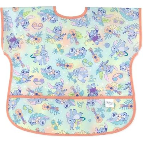 Bumkins Disney Short Sleeve Bib for Girl or Boy, Toddler and Kids for 1-3 Years, Large Size, Essential Must Have for Junior Children, Eating, Mess Saving Soft Fabric Play Apron, Stitch