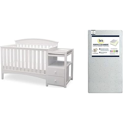 Delta Children Abby Convertible Crib 'N' Changer, Bianca + Serta Perfect Slumber Dual Sided Recycled Fiber Core Crib and Toddler Mattress (Bundle)