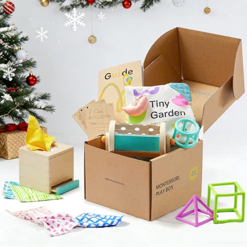 Tiny Land Montessori Baby Toy Set 4-6 Months – Early Learning Motor Skills Development Kit with 4-in-1 Soft Cloth Book, Spinning Rainbow Toy, Silicone Blocks and Baby Tissue Box