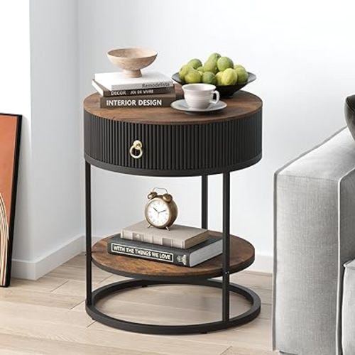 SUNBURY Round End Table with Drawer, Wood Grain Nightstand with Open Shelf, Modern Round Side Table for Living Room & Bedroom, Metal Frame, Waterproof Top, Rustic Brown & Black