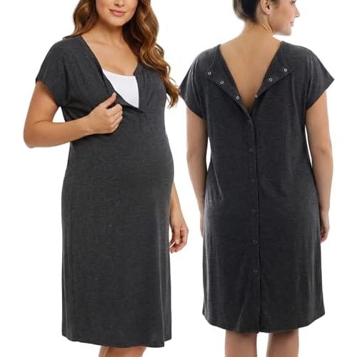 PATPAT Maternity Labor and Delivery Gown, 3 in 1 Hospital Nursing Nightgown with Easy Snaps, Skin-to-Skin Access & Pockets