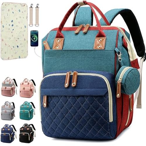 Diaper Bag Backpack Baby Bag, Baby Girl Boy Diaper Bag for Dad Mom with Pad, 16 Pockets, Pacifier Case, Large Diaper Bags Unisex for Travel (Colorful)