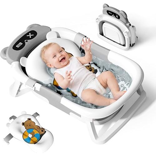 Baby Bathtub for Newborn to Toddler, Baby Bath Tub with Soft Towel and Floating Cushion, Baignoire Pour Bébé, Shower Essentials for Newborn (0-18 Months) Grey