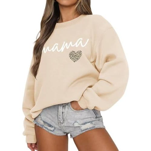 LEEDYA Women Long Sleeve Mama Sweatshirts Crewneck Casual Fall Pullover Tops Oversized Knit Mom Sweater