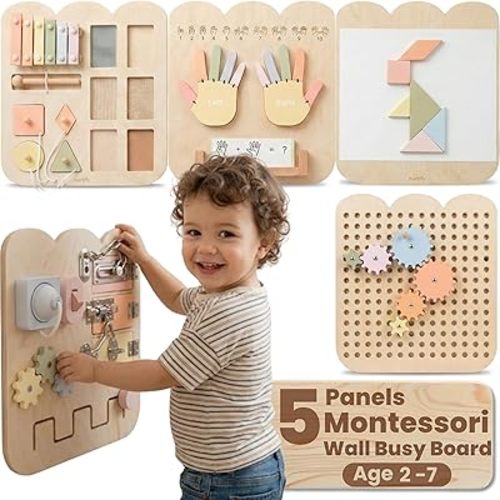 5 Panels, Wall Busy Board for Toddlers 2–7, 25-in-1 Montessori Wall Activity Board, Wooden Busy Board Wall Mounted, Sensory Wall Panel for Kids, Toddler wall Activity, Large Modular System